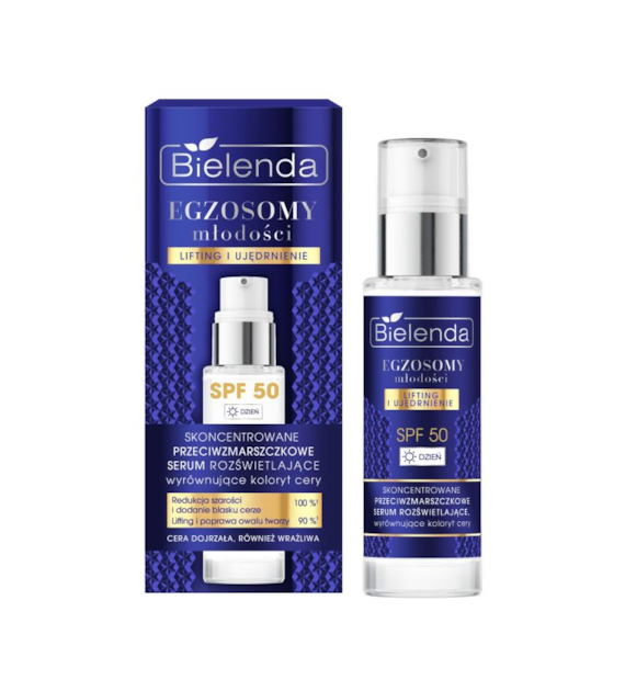 BIELENDA - EGZOSOMY MŁODOŚCI Skoncentrowane przeciwzmarszczkowe serum rozświetlające, wyrównujące koloryt cery SPF 50, na dzień, 30 ml