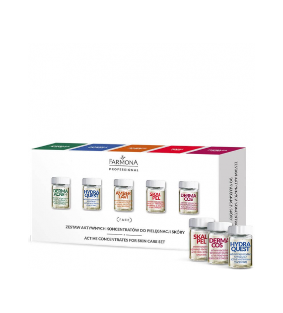 FARMONA PRO  Zestaw aktywnych koncentratów do pielęgnacji skóry (DERMAACNE+ x 2, HYDRA QUEST x 2, AMBER LAVI x 2, SKALPEL x 2, DERMACOS x 2)  10 x 5ml