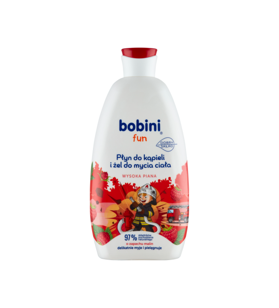 BOBINI FUN Płyn do kąpieli i żel do mycia ciała WYSOKA PIANA O ZAPACHU MALIN, 500 ml