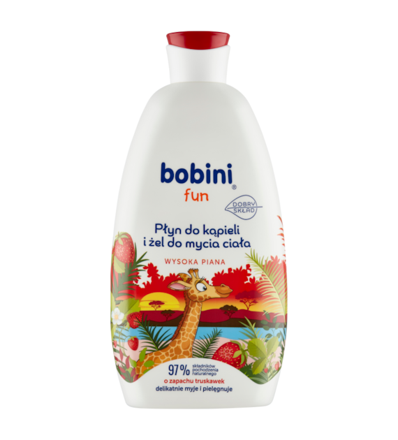 BOBINI FUN Płyn do kąpieli i żel do mycia ciała WYSOKA PIANA O ZAPACHU TRUSKAWEK, 500 ml