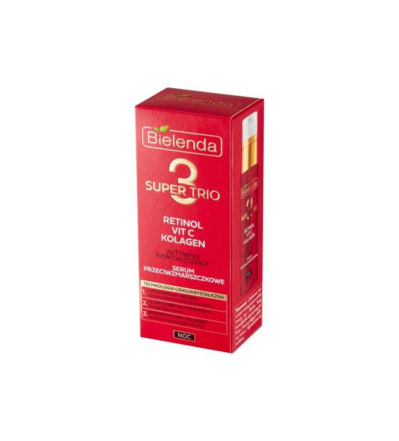 SUPER TRIO RETINOL + VIT C + KOLAGEN Aktywnie rewitalizujące serum przeciwzmarszczkowe na noc, 30 ml