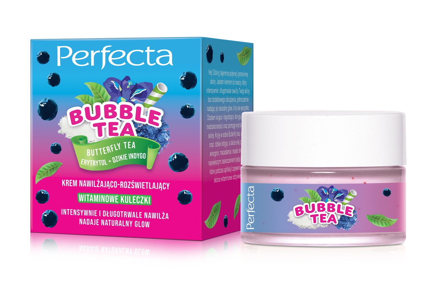 PERFECTA BUBBLE TEA - Krem do twarzy nawilżająco-rozświetlający Butterfly Tea, Erytrytol + Dzikie Indygo 50ML