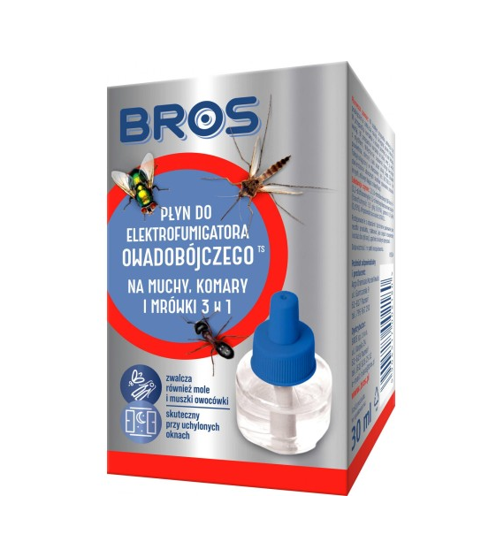 BROS Płyn do elektrofumigatora 3w1 NA MUCHY, KOMARY I MRÓWKI, 30 ml
