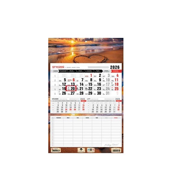 2026 KAL.Kalendarz 2026 trójdzielny jednodzielny z planem zajęć Romantyczna plaża KTJ4 V4
