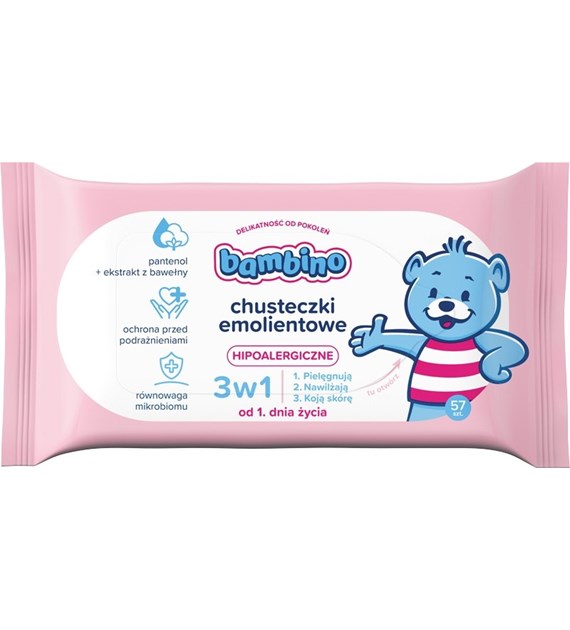 BAMBINO - CHUSTECZKI NAWILŻANE DLA DZIECI (57) EMOLIENTOWE 3W1 OD PIERWSZEGO DNIA ŻYCIA