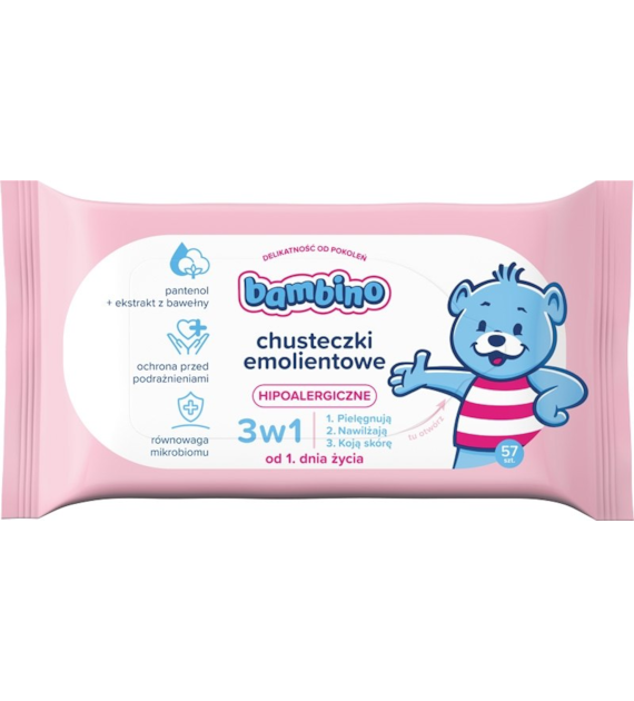 BAMBINO - CHUSTECZKI NAWILŻANE DLA DZIECI (57) EMOLIENTOWE 3W1 OD PIERWSZEGO DNIA ŻYCIA